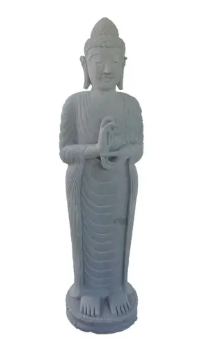 Product image of the product “Standing Buddha made of Riverstone in Dharmachakra position - gesture of wheel of the teaching of Dharma. About 150cm height. ”